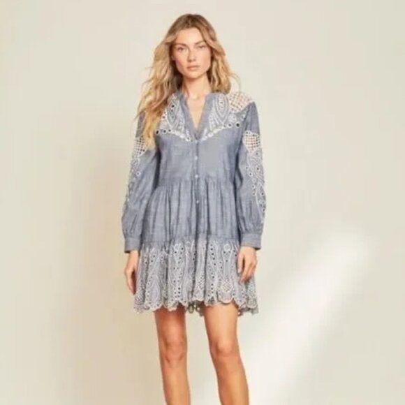 Veronica Beard Ariana Mini Dress Chambray Eyelet Embroidery Sz 14 - Picture 3 of 9